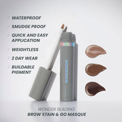 صبغة الحواجب Wonderskin - قناع Wonder Blading Brow Stain &amp; Go، صبغة حواجب تدوم طويلاً، صبغة حواجب مقاومة للانتقال والتلطخ (بني داكن)