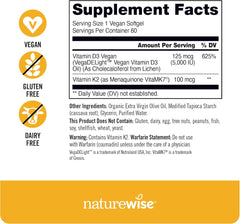 NatureWise Vitamin D3 + K2 with Plant Based D 5000IU & 100mcg K as MK-7 - Max Absorption Immune Support - Vegan, Non-GMO - with Extra Virgin Olive Oil - 60 Softgels[2-Month Supply]