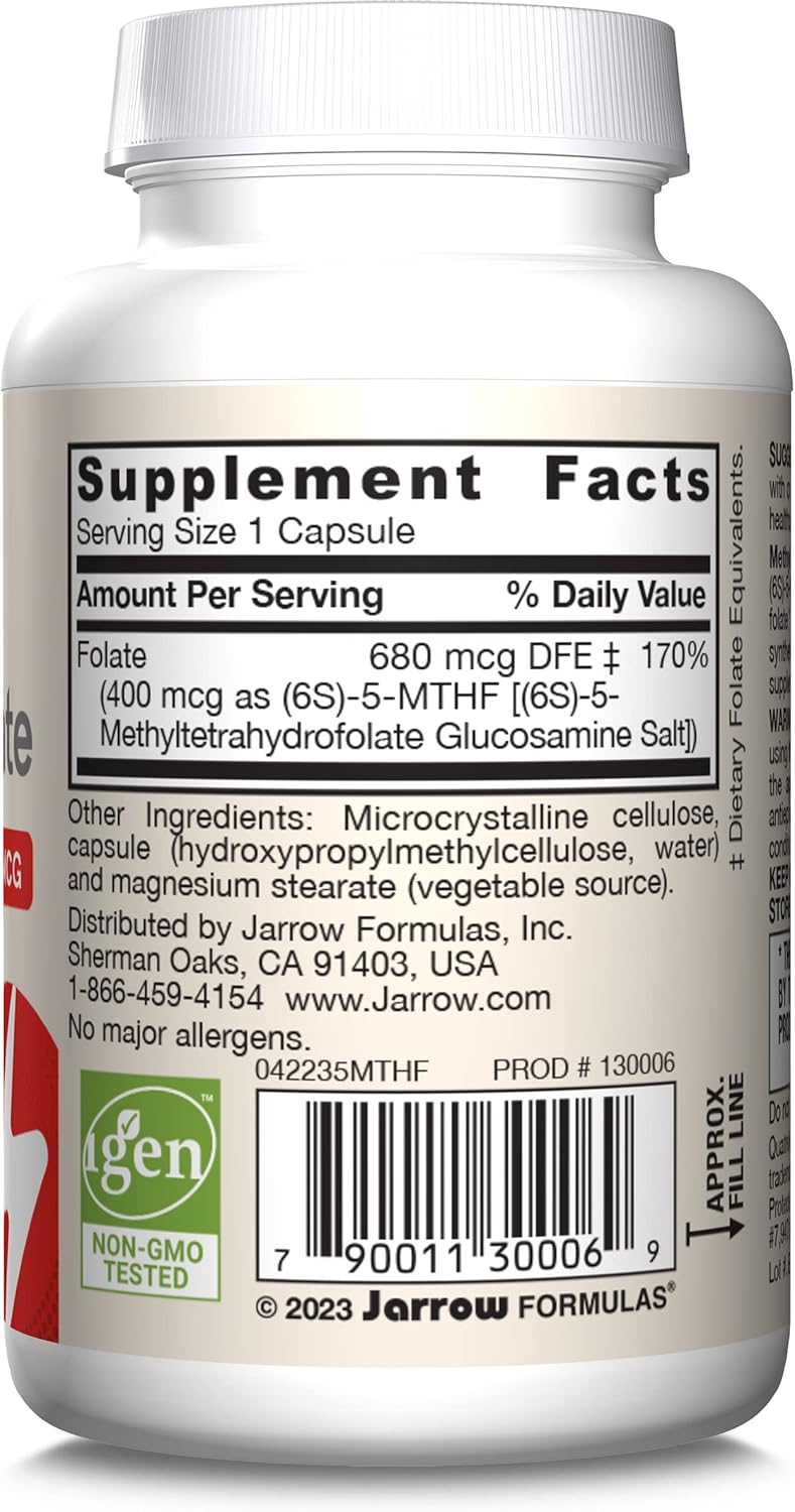 Jarrow Formulas Extra Strength Methyl Folate 400 mcg, Dietary Supplement for Cardiovascular and Neurologic Health Support, 60 Veggie Capsules, 60 Day Supply