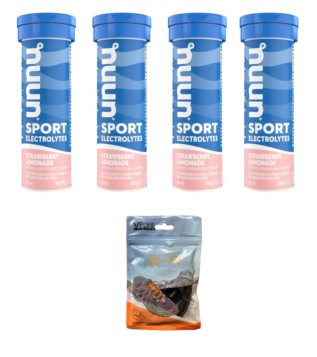NUUN Sport Electrolytes Hydration Tablets Bundle - 4 Tubes (40 Tablets) + Reflective Shoe Laces (Strawberry Lemonade)