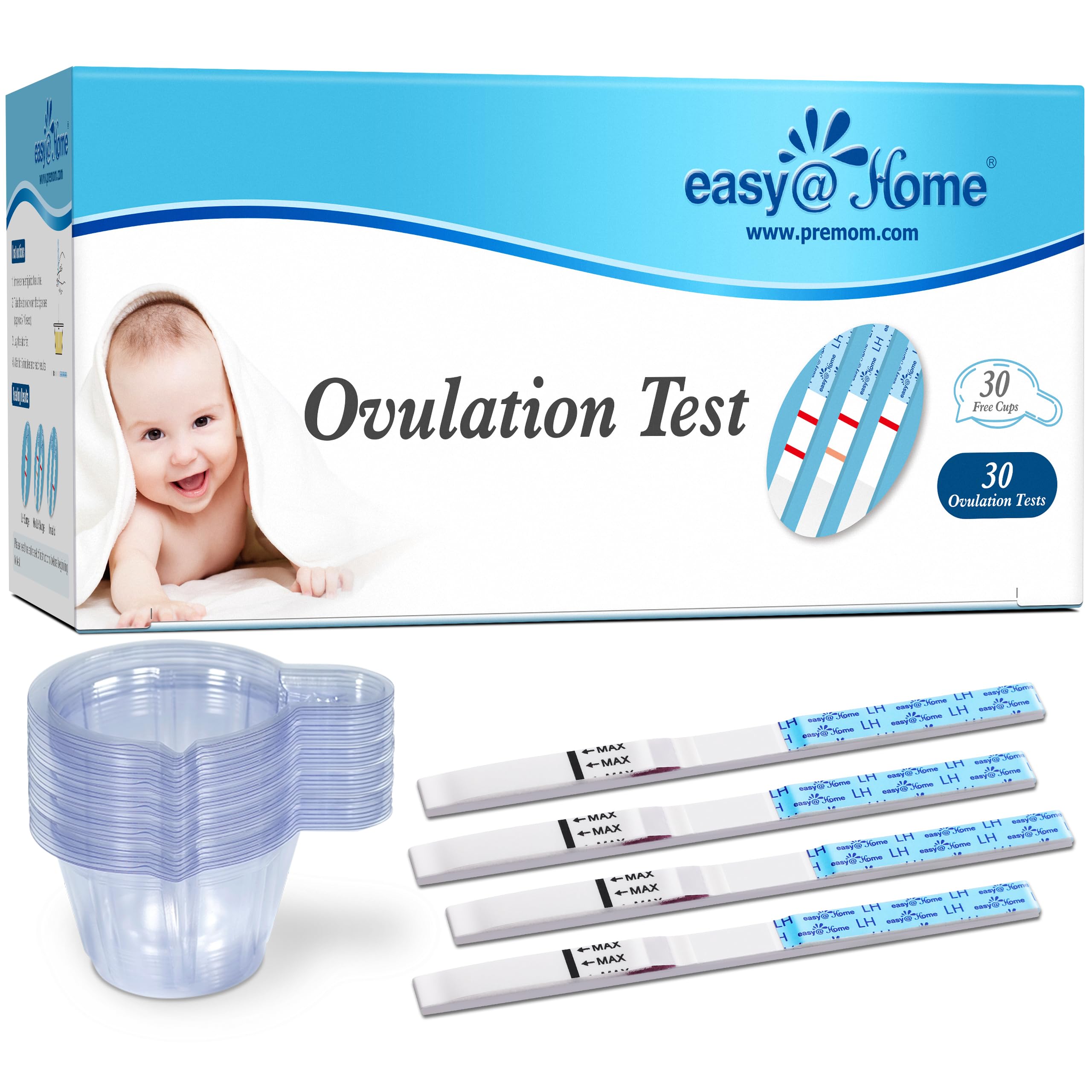 Easy@Home 30 LH Ovulation Test Kit with 30 Urine Cups & Premom App Tracker