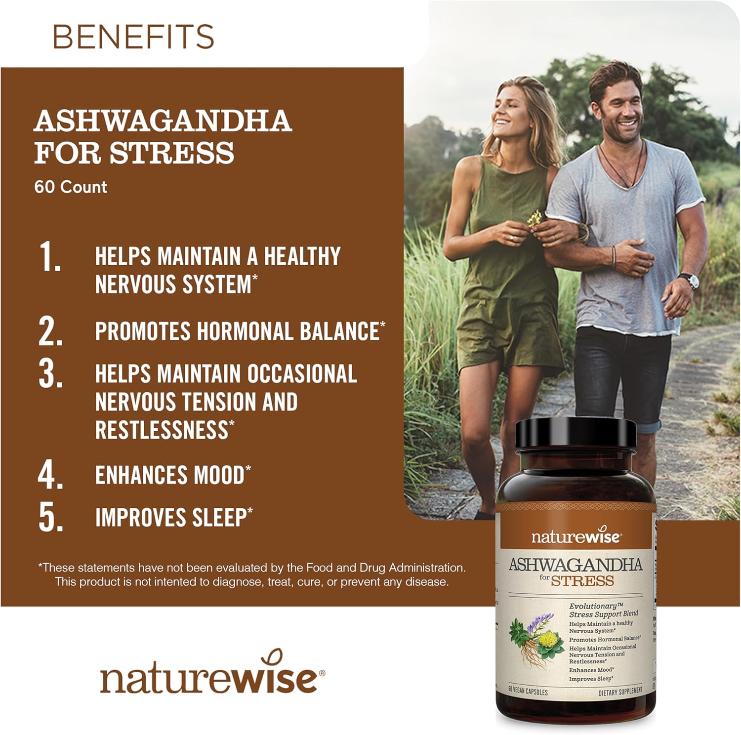 NatureWise Ashwagandha for Stress - With KSM-66 Extract, GABA, L-Theanine, Rhodiola Rosea - Herbal Mood & Sleep Support - Vegan, Non-GMO, Gluten-Free - 60 Capsules[1-Month Supply]