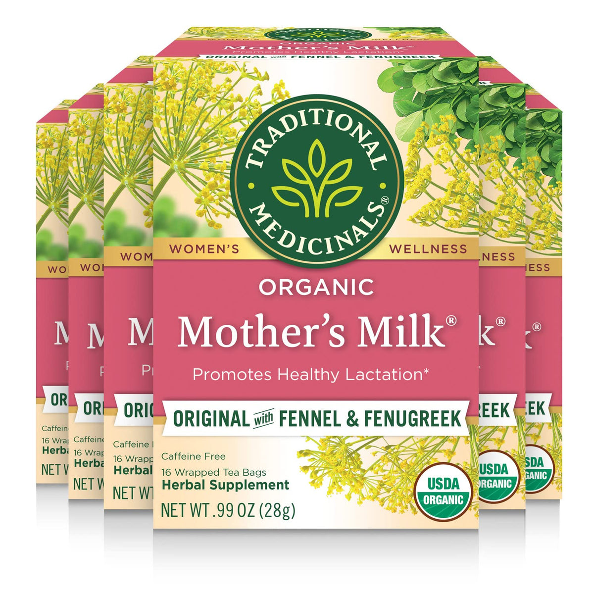 Traditional Medicinals Organic Mother's Milk Tea - Fennel & Fenugreek - Caffeine Free - 16 Tea Bags (Pack of 6)