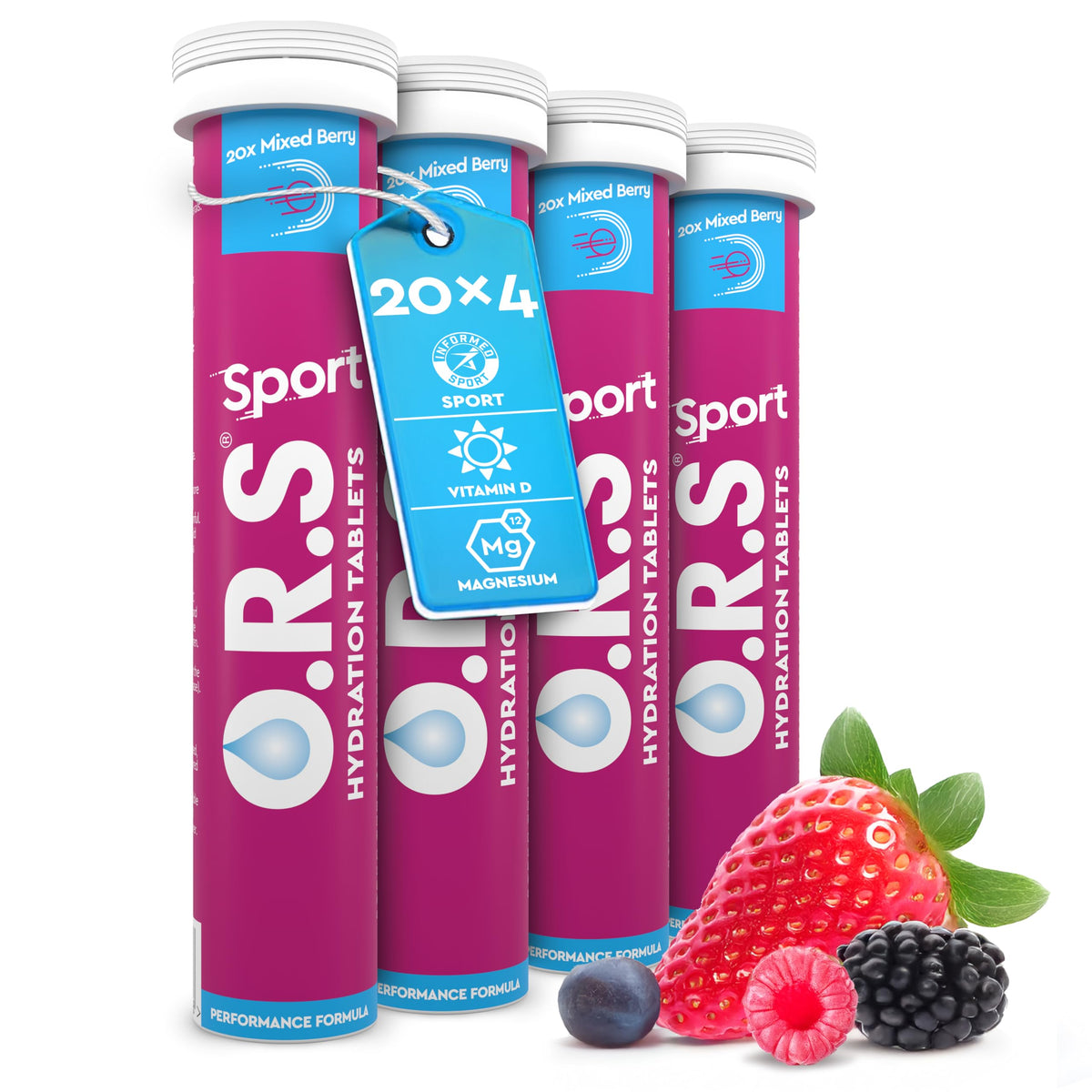 O.R.S Sport Hydration Tablets with Electrolytes - Vegan, Gluten and Lactose Free - Soluble Sports Oral Rehydration with Natural Mixed Berry Flavour - Low Calorie - 80 Tablets (Pack of 4)