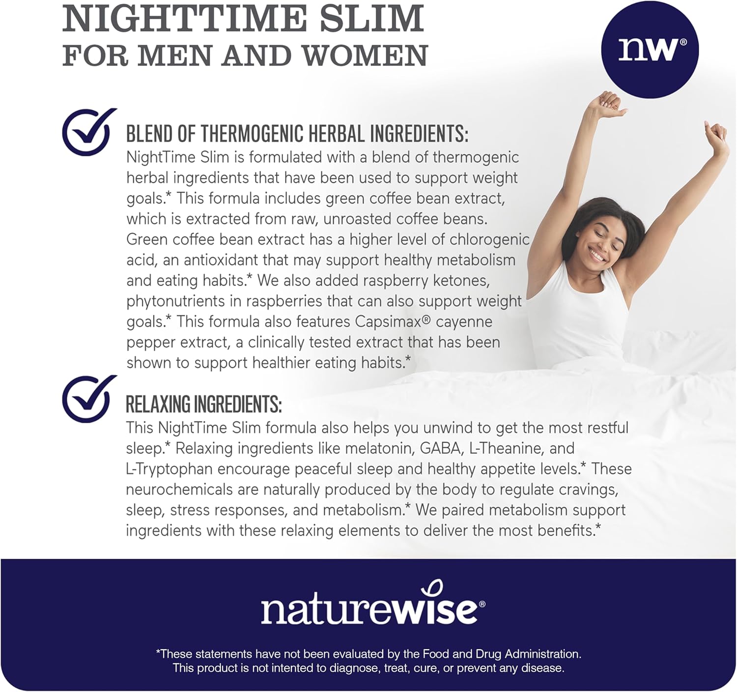 Naturewise Nighttime Fitness Support Supplement & Natural Sleep Aid with Cayenne Extract, Green Coffee Bean, GABA, L-Theanine - Vegetarian, Non-GMO - 60 Capsules[1-Month Supply]