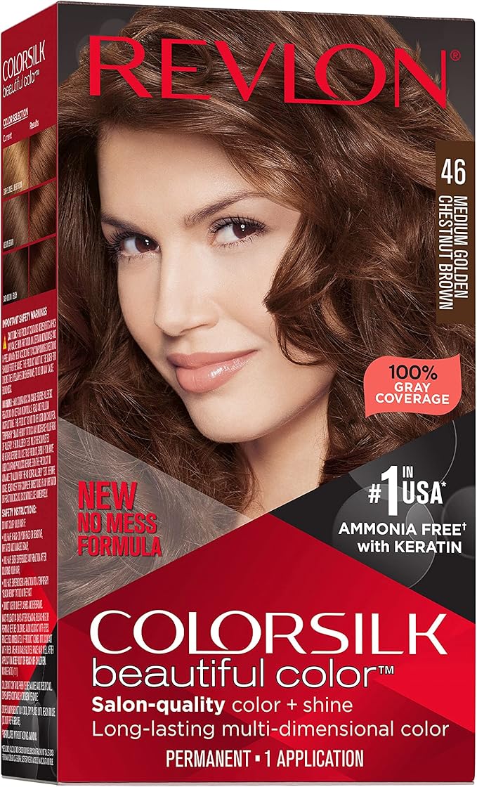 Revlon ColorSilk with Bond Repair Complex, Permanent Hair Color, 100% Gray Coverage, Ammonia Free Hair Dye, Vegan Keratin, 46 Medium Golden Chestnut Brown