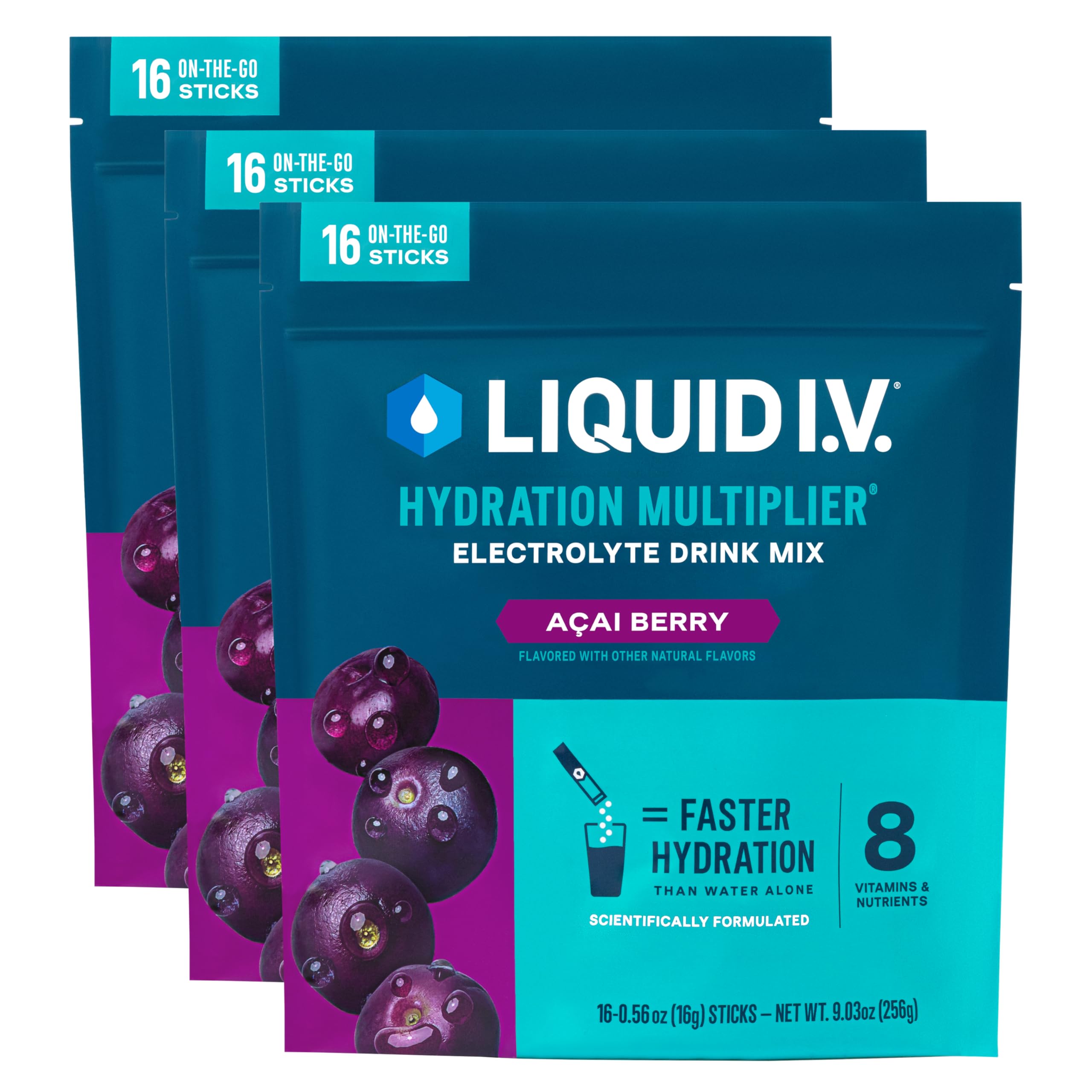 Liquid I.V.® Hydration Multiplier Acai Berry Electrolyte Powder | 3 Pack (48 Servings) | Fast Hydration
