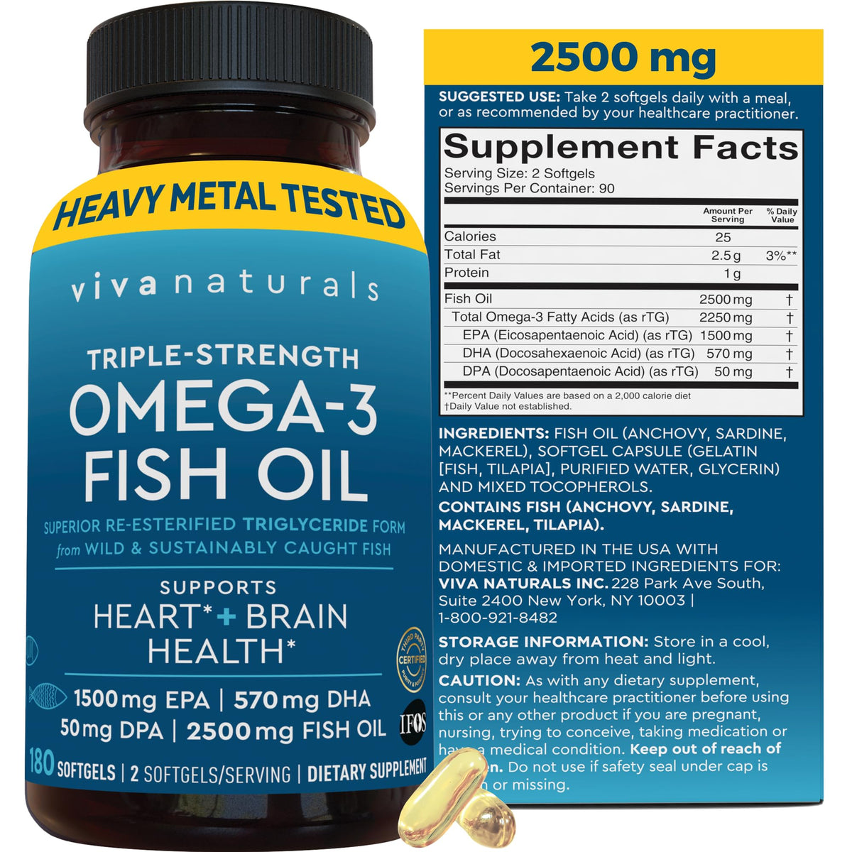 Triple Strength Omega 3 Fish Oil 2500mg - 180 Pescatarian-Friendly Capsules
