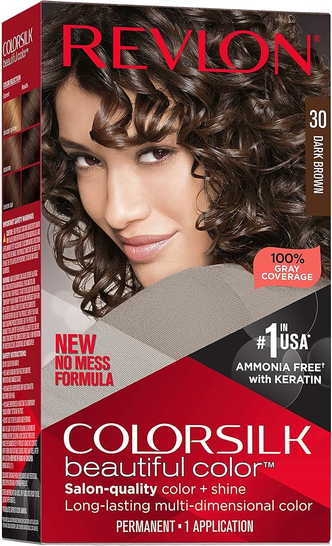 Revlon ColorSilk with Bond Repair Complex, Permanent Hair Color, 100% Gray Coverage, Ammonia Free Hair Dye, Vegan Keratin, 30 Dark Brown