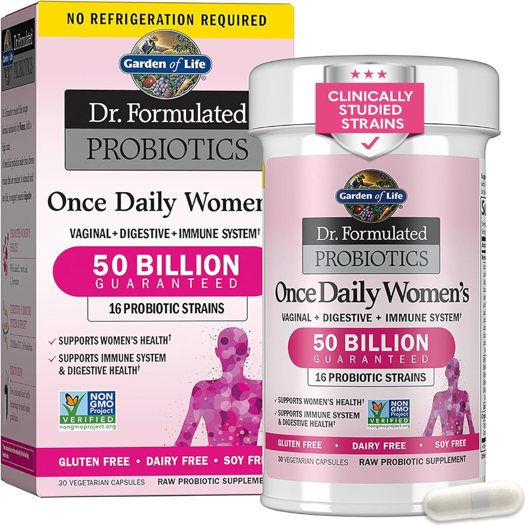 Garden of Life Once Daily Dr. Formulated Probiotics for Women 50 Billion CFU 16 Probiotic Strains with Organic Prebiotics for صحة الجهاز الهضمي والمهبلي والجهاز المناعي، خالٍ من منتجات الألبان، ثابت على الرف، 30 كبسولة 