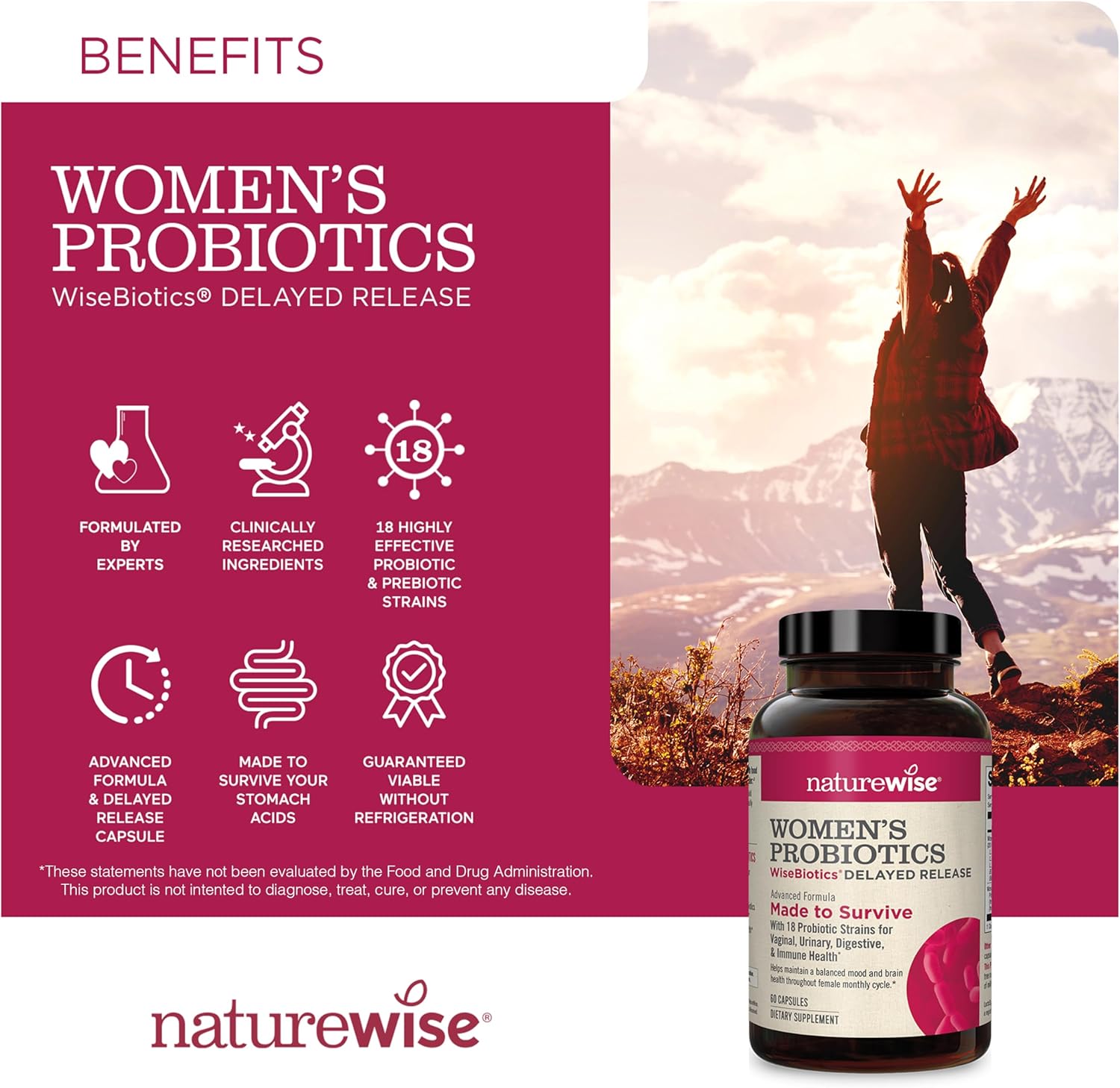 NatureWise Probiotics for Women - With Prebiotics and Cranberry - Vaginal, PH Balance, Device Support - 18 سلالة فريدة، 20 مليار وحدة تشكيل مستعمرة - 60 كبسولة [إمدادات لمدة شهرين] 