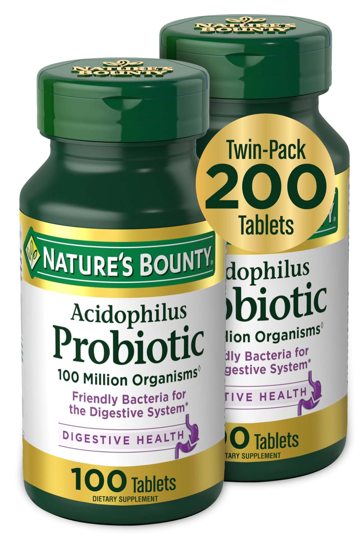 Nature's Bounty Acidophilus Probiotic Supplement, 200 Tablets (Twin Pack) - Digestive Health Support