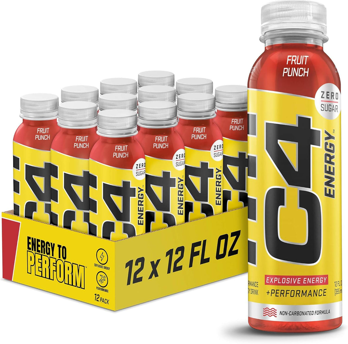 C4 Explosive + Performance Fruit Punch Non-Carbonated Energy Drink – 12 x 355ml – Sustained Power