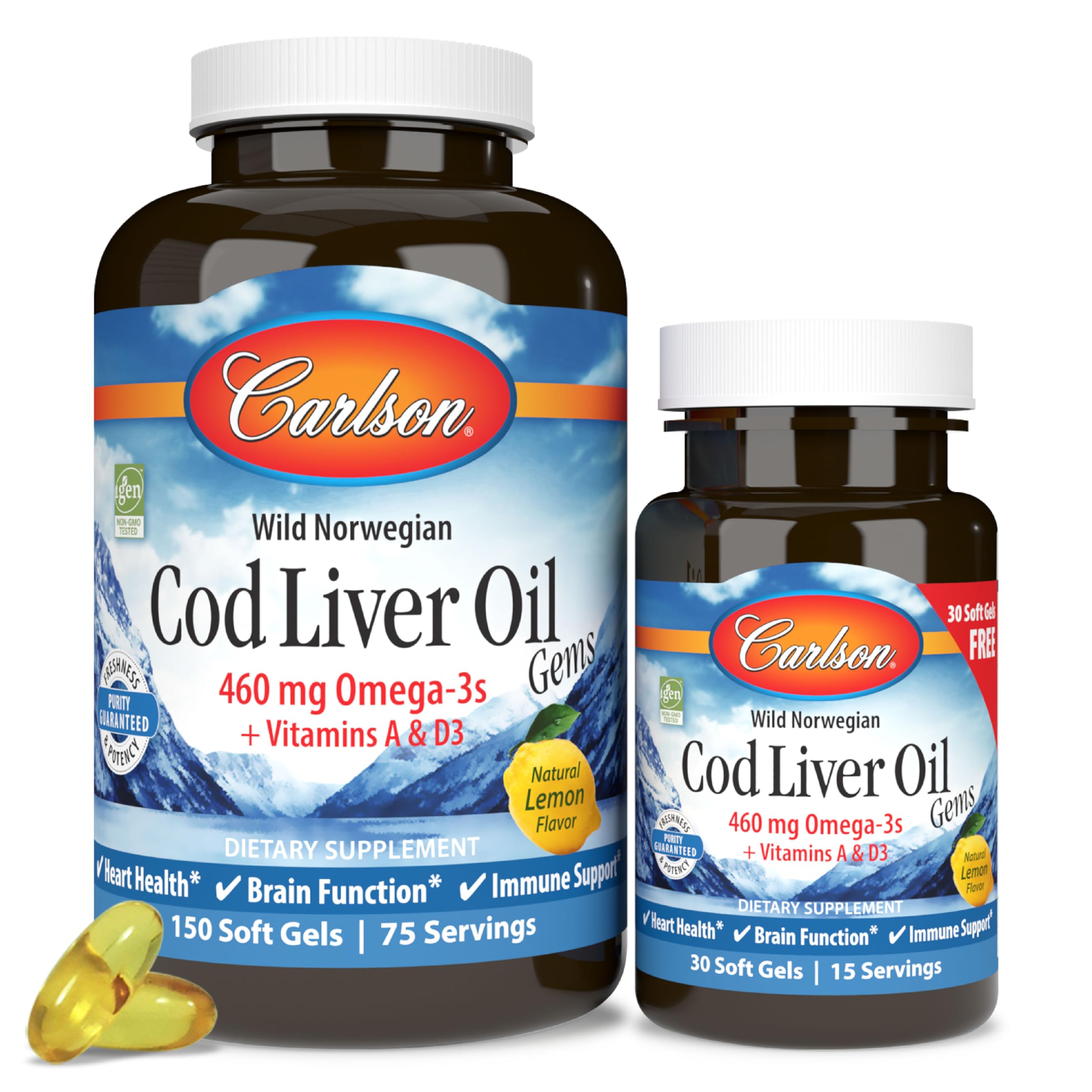 Carlson Cod Liver Oil Gems - 180 Softgels with Vitamins A & D3, Natural Lemon