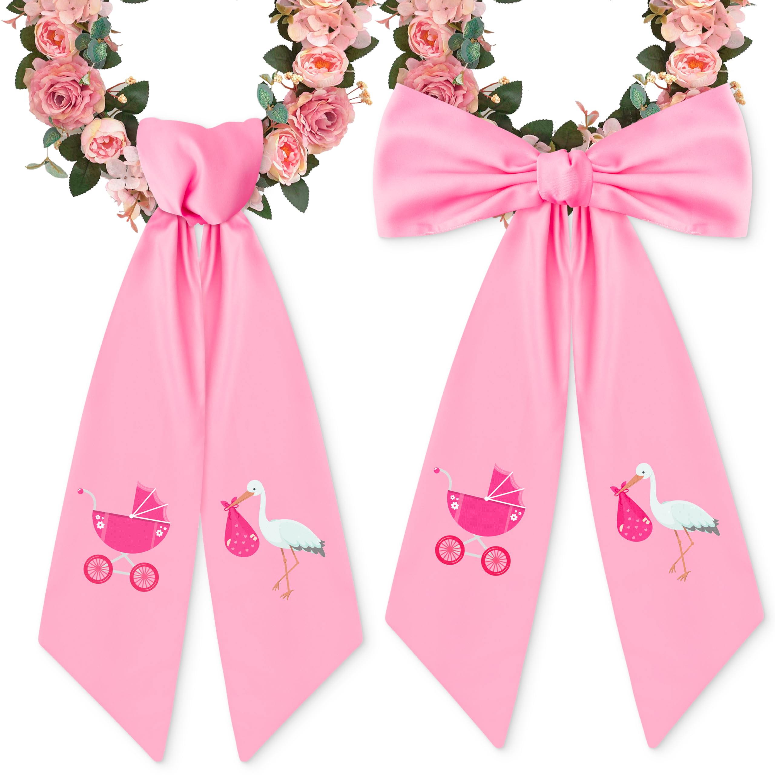 WATINC Pink Stork Baby Shower Wreath Sash - 2 Pcs Girl Gender Reveal Door Decor (56'' x 4.5'')
