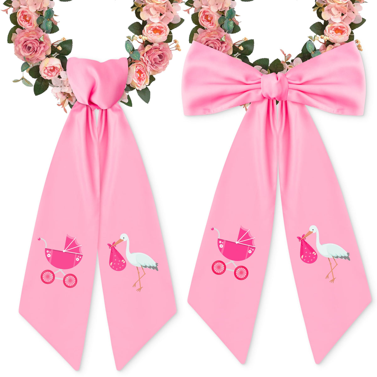WATINC Pink Stork Baby Shower Wreath Sash - 2 Pcs Girl Gender Reveal Door Decor (56'' x 4.5'')