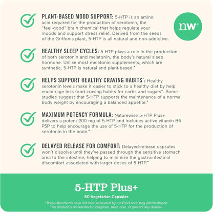 NatureWise 5-HTP 200mg Supplement from Griffonia Seeds with Cofactor Vitamin B6 - Mood Support and Natural Sleep Aid for Adults - Delayed-Release, Vegan - 60 Count[2-Month Supply]