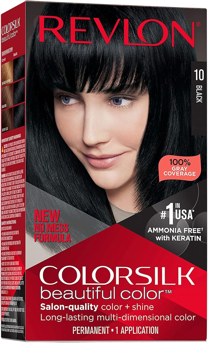 Revlon ColorSilk with Bond Repair Complex, Permanent Hair Color, 100% Gray Coverage, Ammonia Free Hair Dye, Vegan Keratin, 10 BlacK