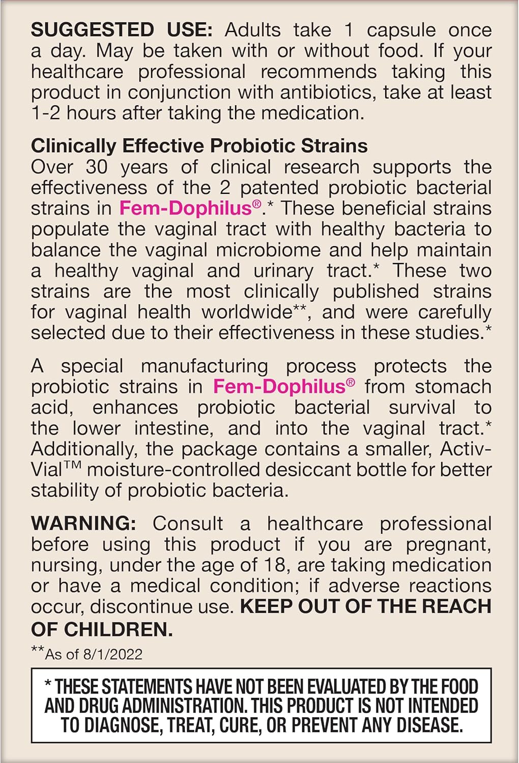 Jarrow Formulas Fem-Dophilus Probiotics 1 Billion CFU With 2 Science-Backed Strains, Dietary Supplement for Vaginal and Urinary Tract Support, 30 Veggie Capsules, Up to a 30 Day Supply, Shelf-Stable