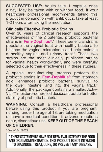 Jarrow Formulas Fem-Dophilus Probiotics 1 Billion CFU With 2 Science-Backed Strains, Dietary Supplement for Vaginal and Urinary Tract Support, 30 Veggie Capsules, Up to a 30 Day Supply, Shelf-Stable