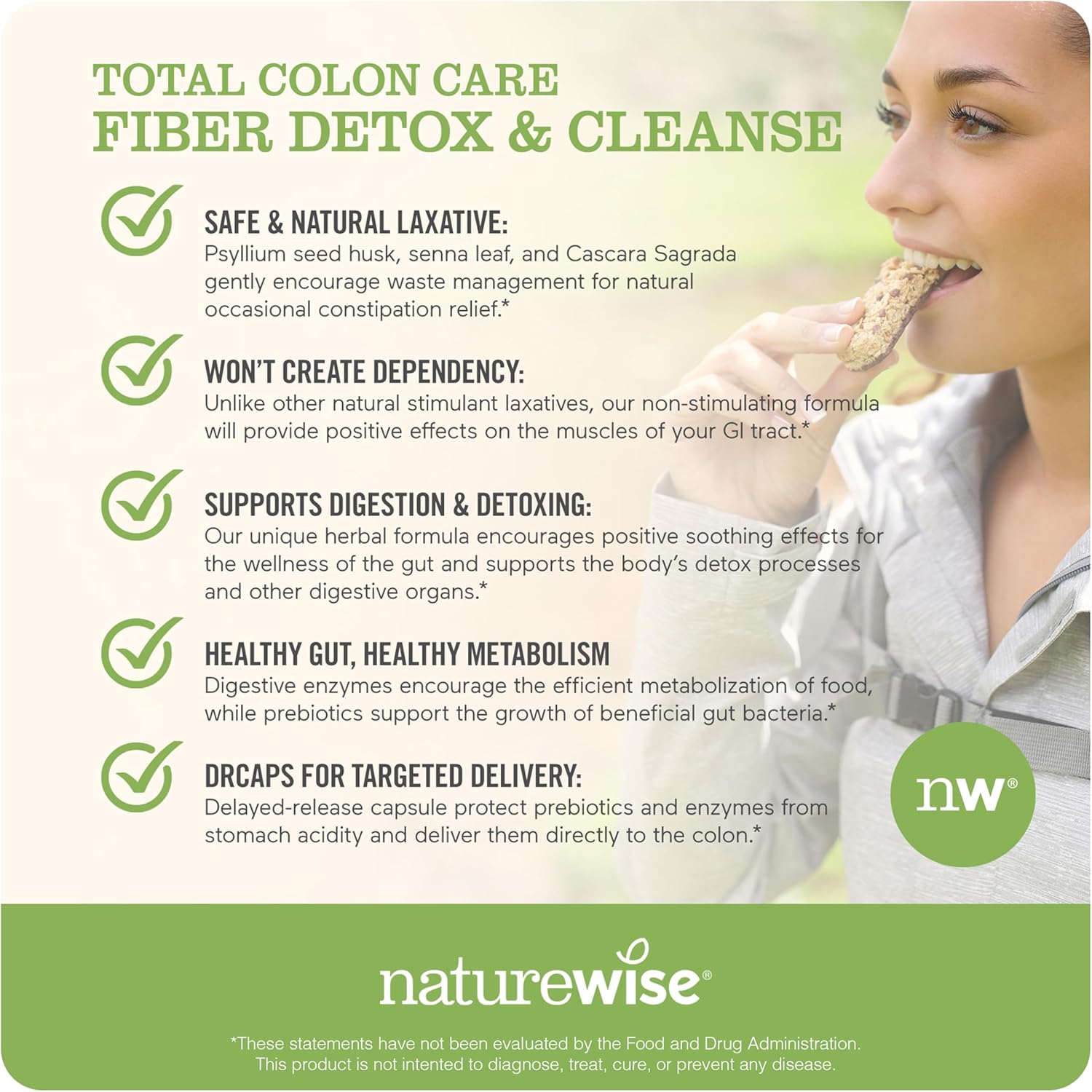 NatureWise Total Colon Care Fiber Cleanse with Herbal Laxatives, Prebiotics, & Digestive Enzymes for Healthy Elimination, Safe Digestion & Weight, Detox, & Gut Health [1 Month Supply - 60 Count]