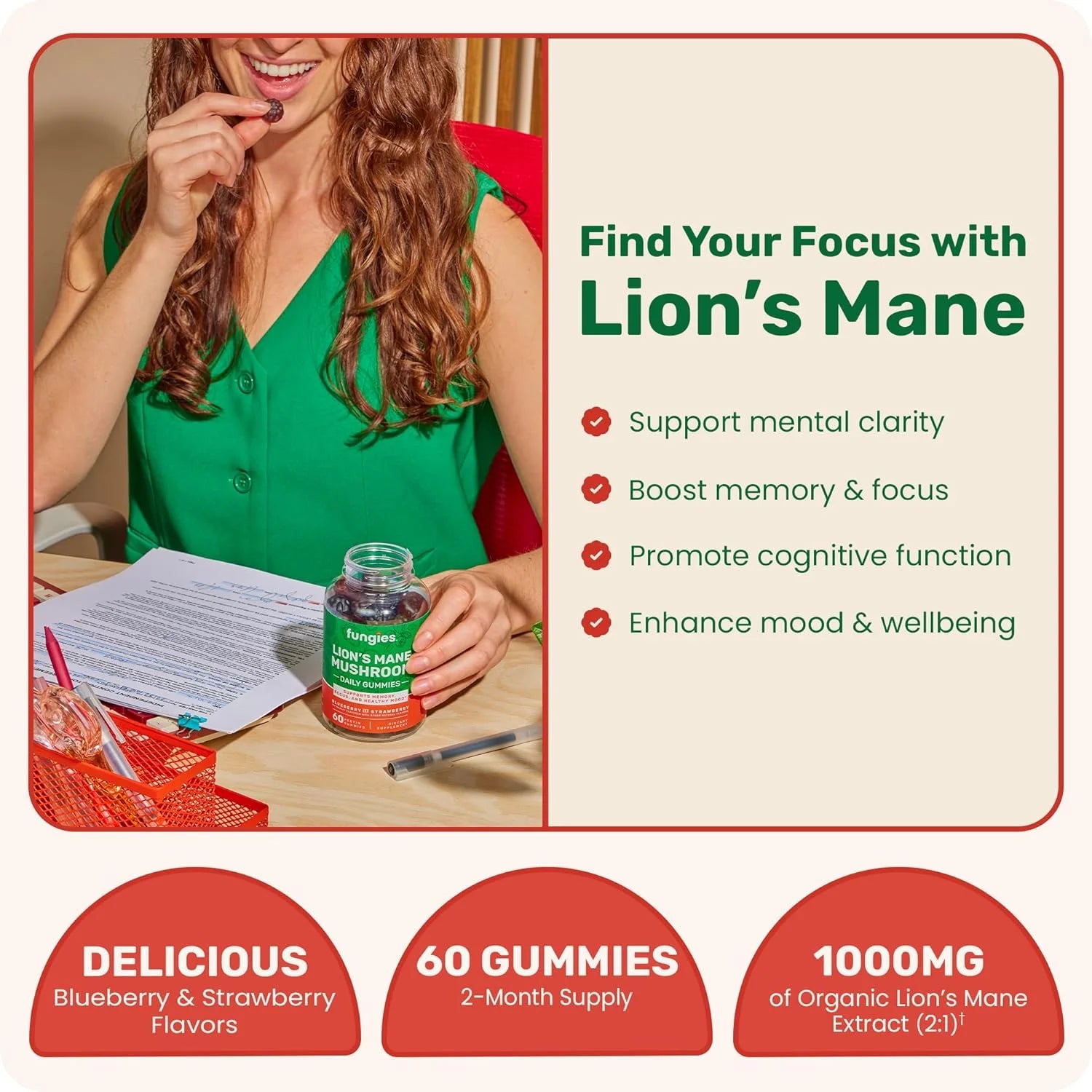 حلوى فطر  Lion's Mane  من  Fungies، لدعم صحة الدماغ، والتركيز، والذاكرة، والمزاج.