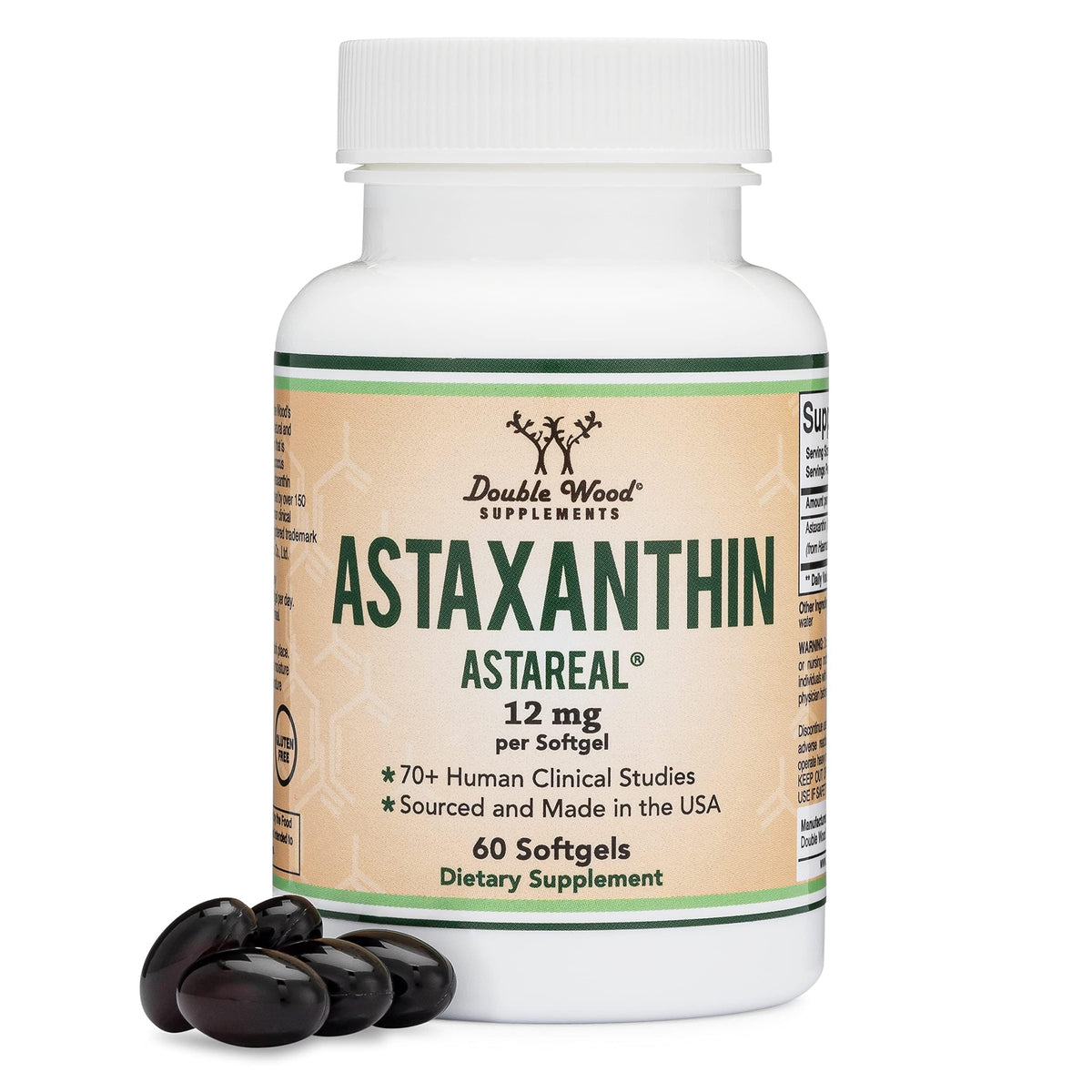 Max Strength Astaxanthin 12mg Capsules - Natural AstaReal from USA | Clinically Studied Antioxidant by Double Wood Supplements