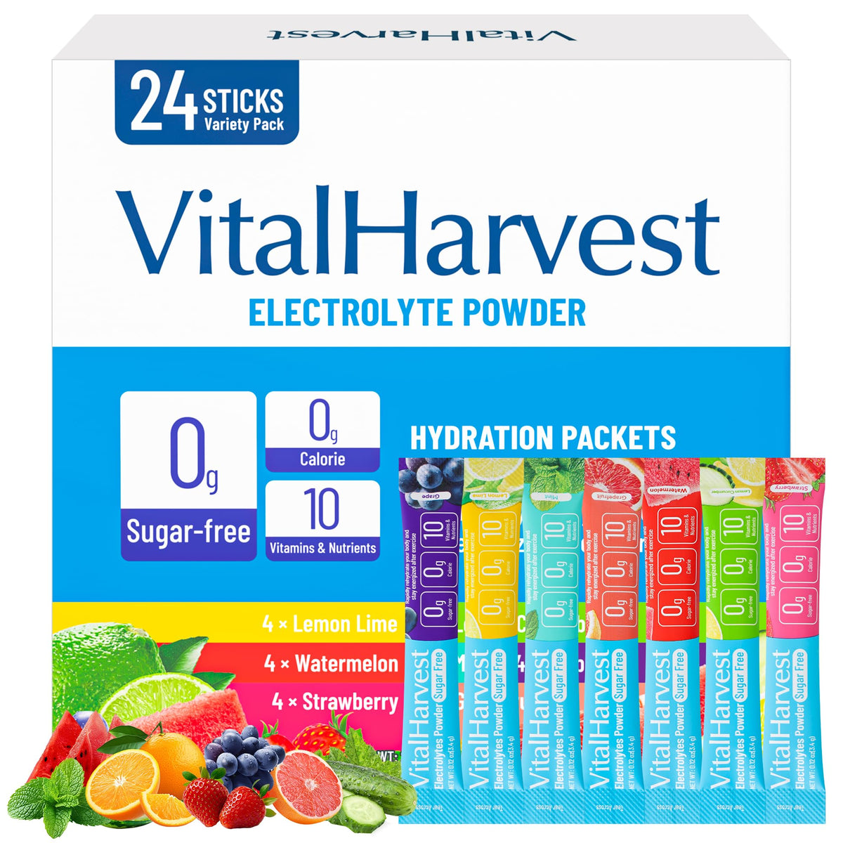 VitalHarvest 24 Sachets of Electrolyte Powder, 7 Flavors, Sugar Free for Daily Hydration, Low Sodium, Lemon-Lime, Watermelon, and Strawberry