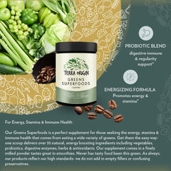 TERRA ORIGIN Superfoods Greens Immune Defense and Digestive Support | Probiotics, Organic Vegetables, Digestive Enzymes | Non-GMO, Gluten-Free, Dairy Free, Vegan | 30 Servings | Coffee Flavor