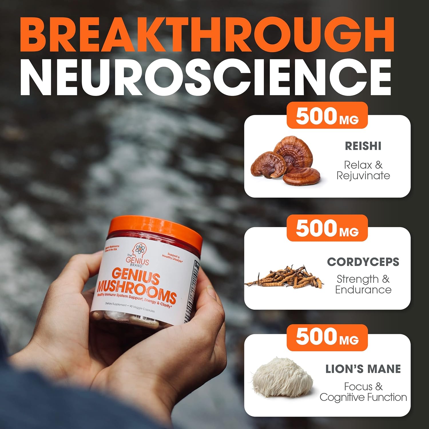 Genius Mushroom supplement: Lions Mane, Cordyceps, and Reishi for immune and brain health.