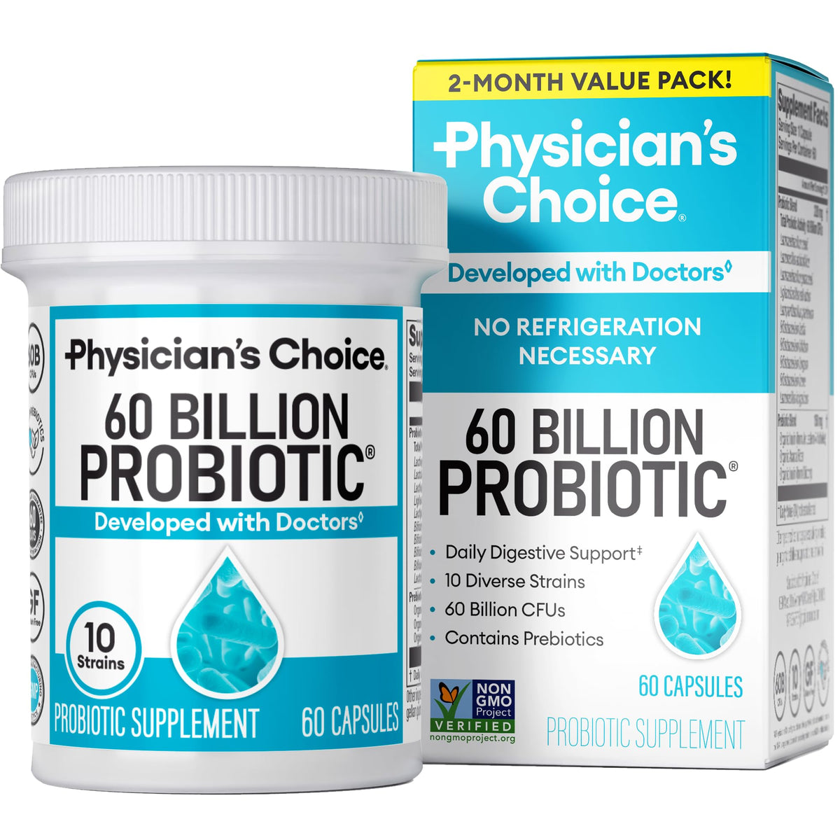 Probiotics 60 Billion CFU 2 Month Supply with Prebiotics Natural Shelf Stable Acidophilus Supplement 60 CT