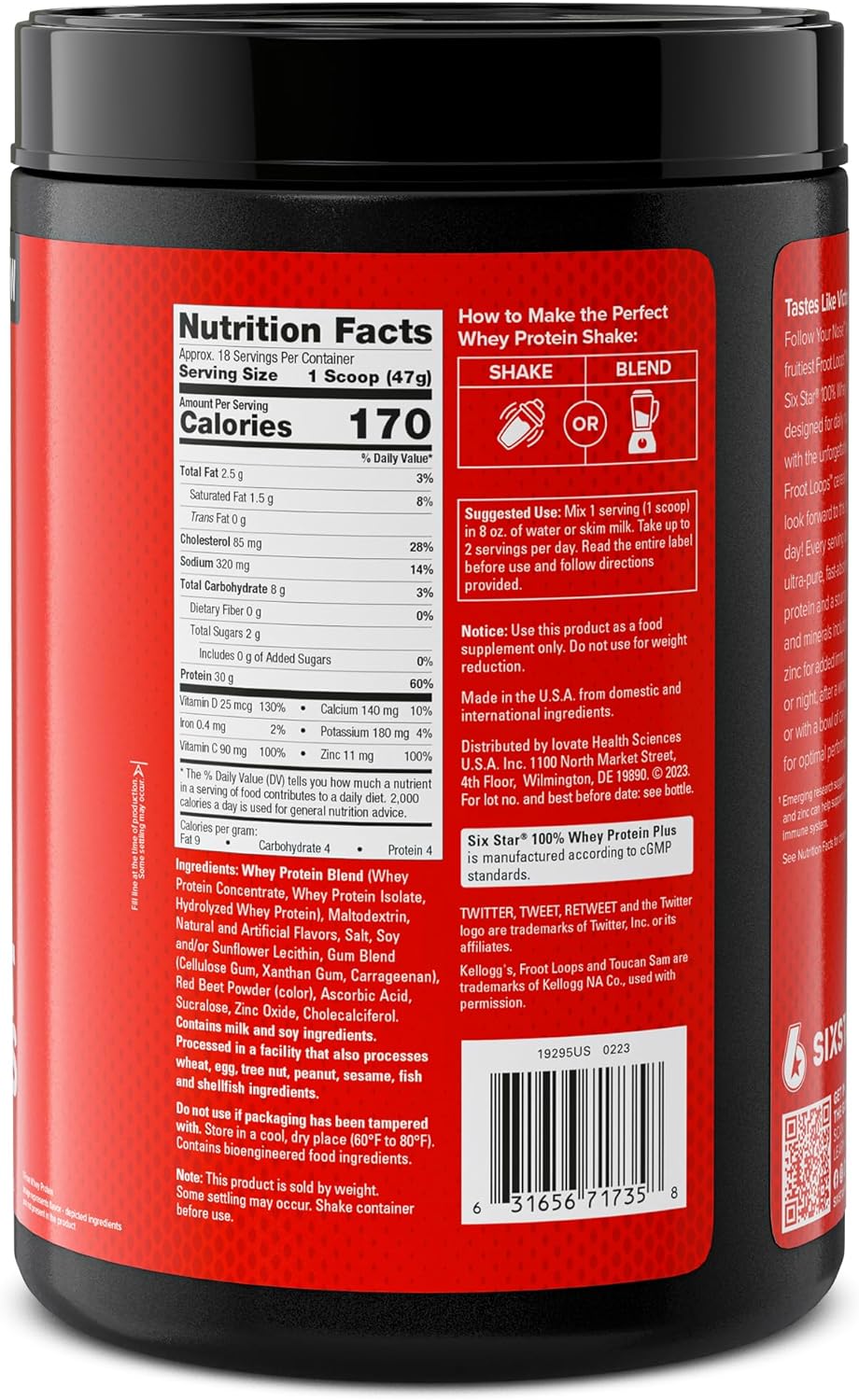 Six Star Whey Protein Powder Plus - Muscle Building & Recovery Formula with Whey Isolate Powder, BCAAs, 30g Protein, Immune Support - Post-Workout Supplement - Kellogg’s Froot Loops Flavor, 1.8 lbs