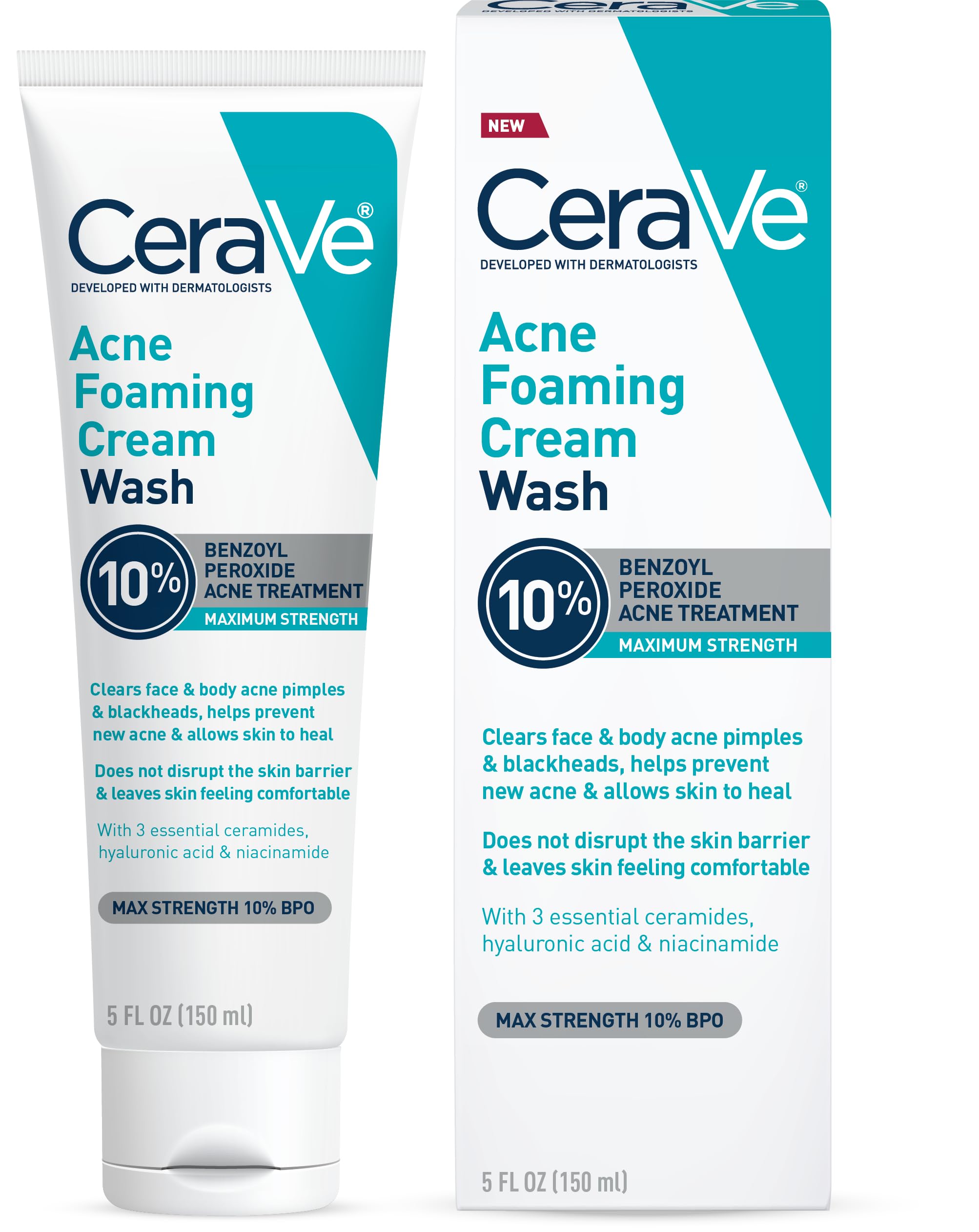 CeraVe Acne Foaming Cream Wash with Benzoyl Peroxide 10%, Hyaluronic Acid & Niacinamide - 5 oz