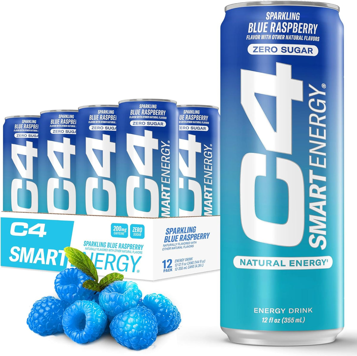 C4 Smart Blue Raspberry Carbonated Sparkling Energy Drink – 12 x 355ml – Sugar Free Energy