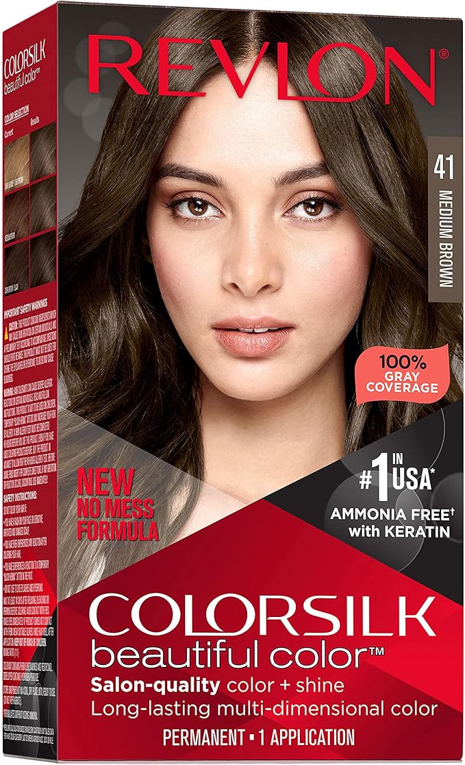 Revlon ColorSilk with Bond Repair Complex, Permanent Hair Color, 100% Gray Coverage, Ammonia Free Hair Dye, Vegan Keratin, 41 Medium Brown