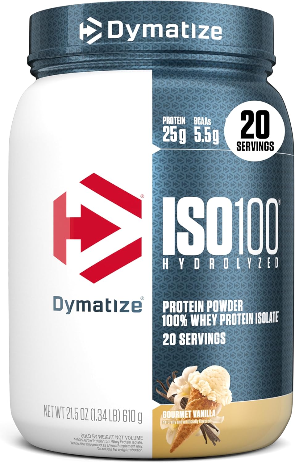 Dymatize ISO100 Hydrolyzed Protein Powder, 100% Whey Isolate, 25g of Protein, 5.5g BCAAs, Gluten Free, Fast Absorbing, Easy Digesting, Gourmet Vanilla, 20 Servings
