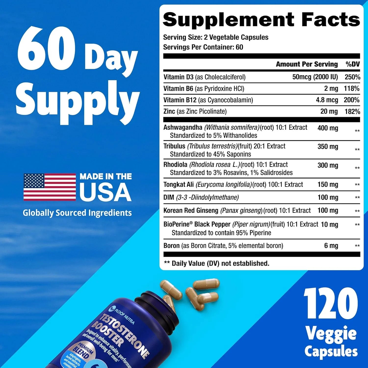 مكمل testosterone booster للرجال، مع Ashwagandha، Tongkat Ali، 120 قطعة.