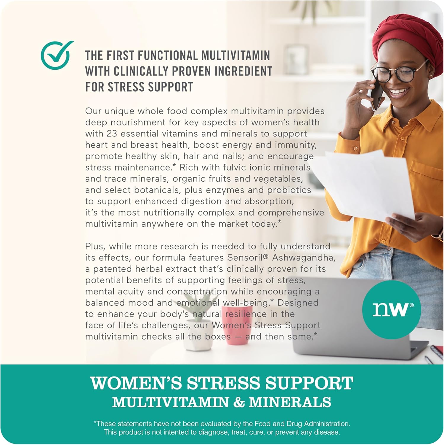 NatureWise Multivitamin for Women + Stress Support + B-Complex + Vitamin C + D3 K2 for Immunity, Hair, Skin & Nails, Digestion + Whole Organic Foods - Vegetarian, Non-GMO - 60 Capsules[1-Month Supply]