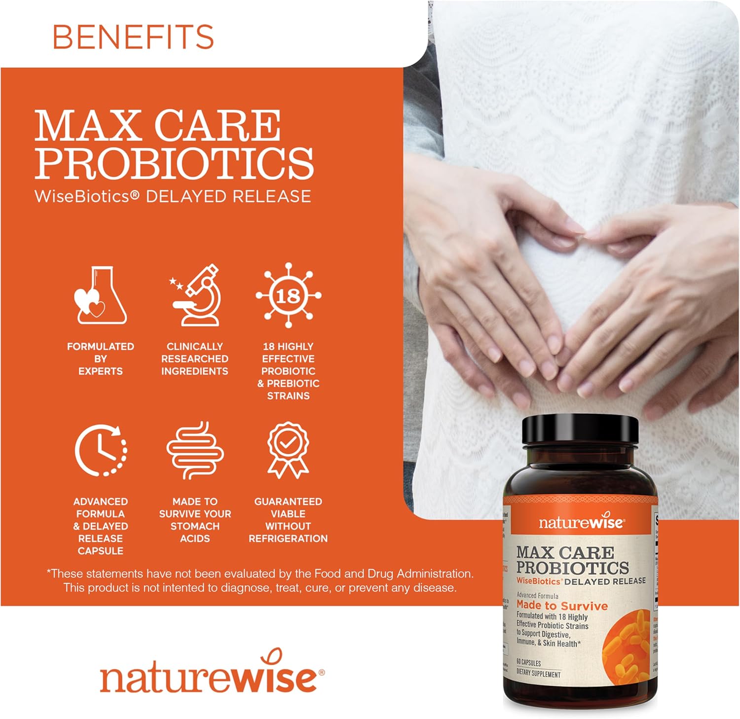 NatureWise Max Probiotics for Women & Men - 30 Billion CFU 18 Strains With Prebiotics - For Gut & Digestive Health - Delayed-Release Capsules, Gluten Free - 60 Capsules[2-Month Supply]