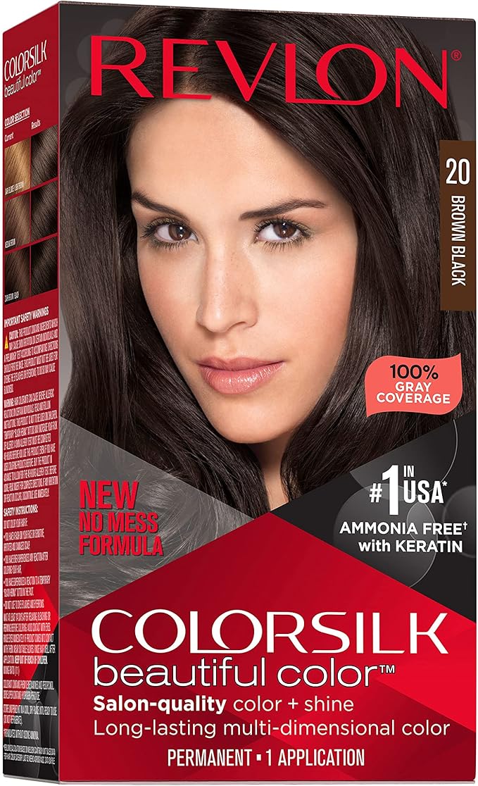 Revlon ColorSilk with Bond Repair Complex, Permanent Hair Color, 100% Gray Coverage, Ammonia Free Hair Dye, Vegan Keratin, 20 Brown BlacK