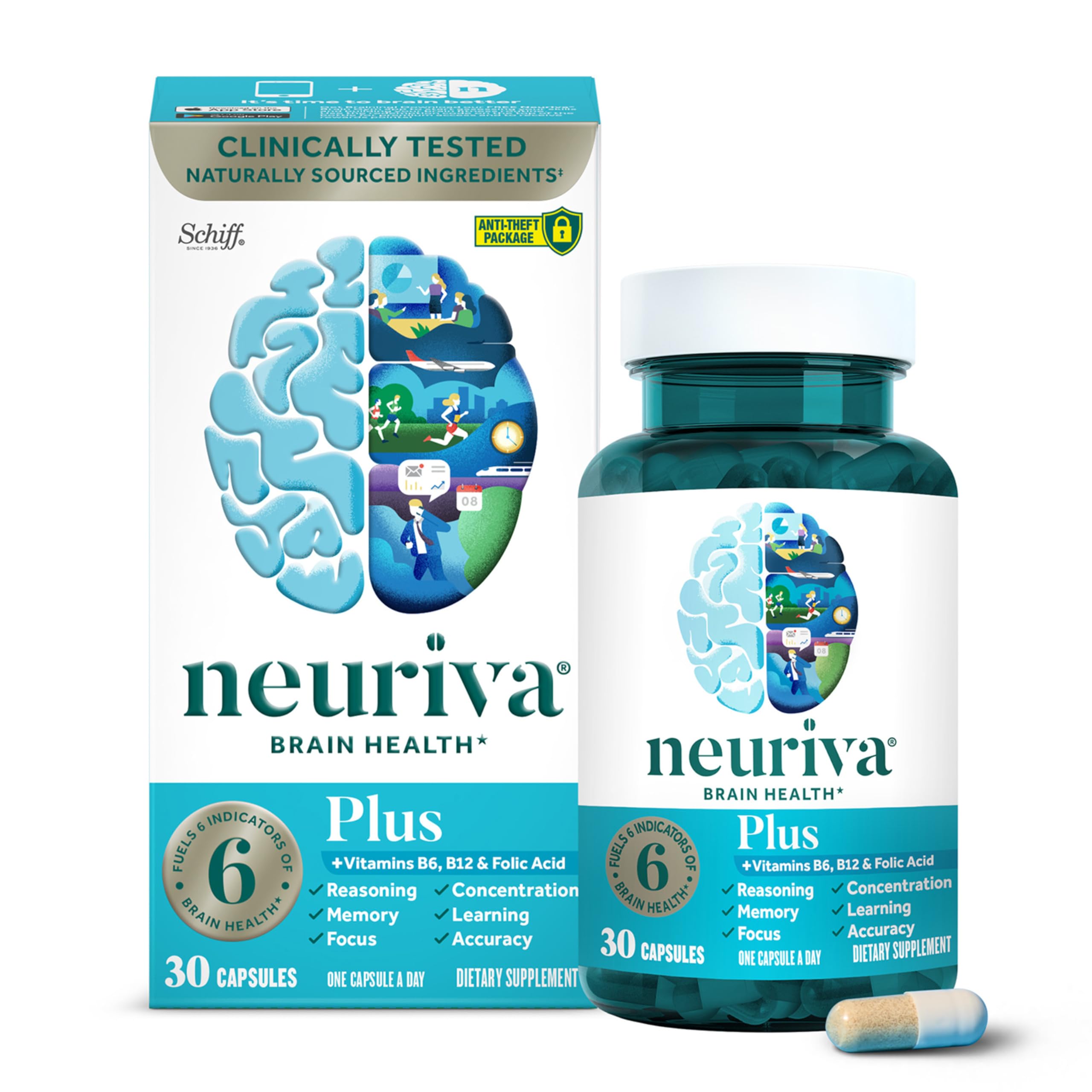NEURIVA Plus Brain Supplement for Memory, Focus & Concentration with B6, B12, Phosphatidylserine & Neurofactor – 30 Capsules