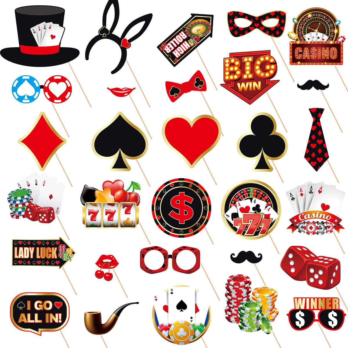 30pcs Casino Photo Booth Props – Las Vegas Poker Theme Selfie Props with Sticks & Glue Dots for Birthday, Prom & Casino Parties
