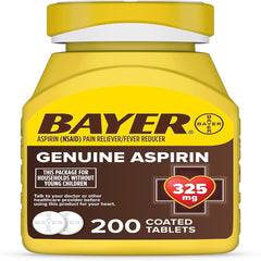 Bayer Genuine Aspirin 325mg Coated Tablets, Pain Reliever and Fever Reducer, 200 Count