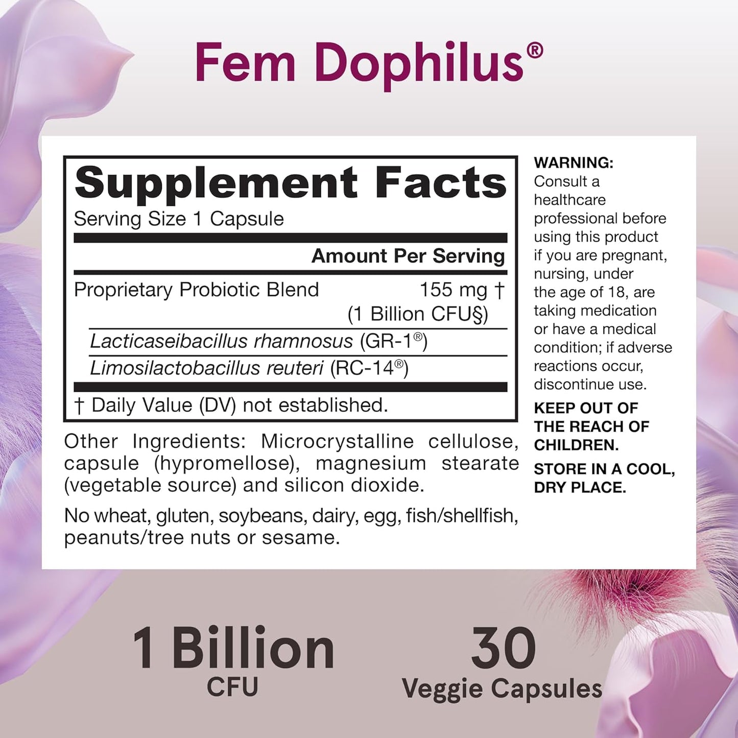 Jarrow Formulas Fem-Dophilus Probiotics 1 Billion CFU With 2 Science-Backed Strains, Dietary Supplement for Vaginal and Urinary Tract Support, 30 Veggie Capsules, Up to a 30 Day Supply, Shelf-Stable