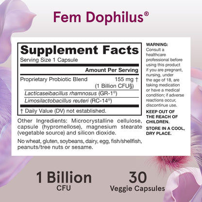 Jarrow Formulas Fem-Dophilus Probiotics 1 Billion CFU With 2 Science-Backed Strains, Dietary Supplement for Vaginal and Urinary Tract Support, 30 Veggie Capsules, Up to a 30 Day Supply, Shelf-Stable