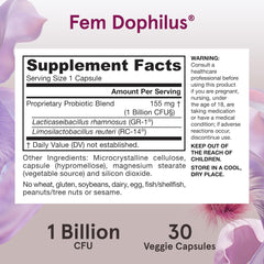 Jarrow Formulas Fem-Dophilus Probiotics 1 Billion CFU With 2 Science-Backed Strains, Dietary Supplement for Vaginal and Urinary Tract Support, 30 Veggie Capsules, Up to a 30 Day Supply, Shelf-Stable