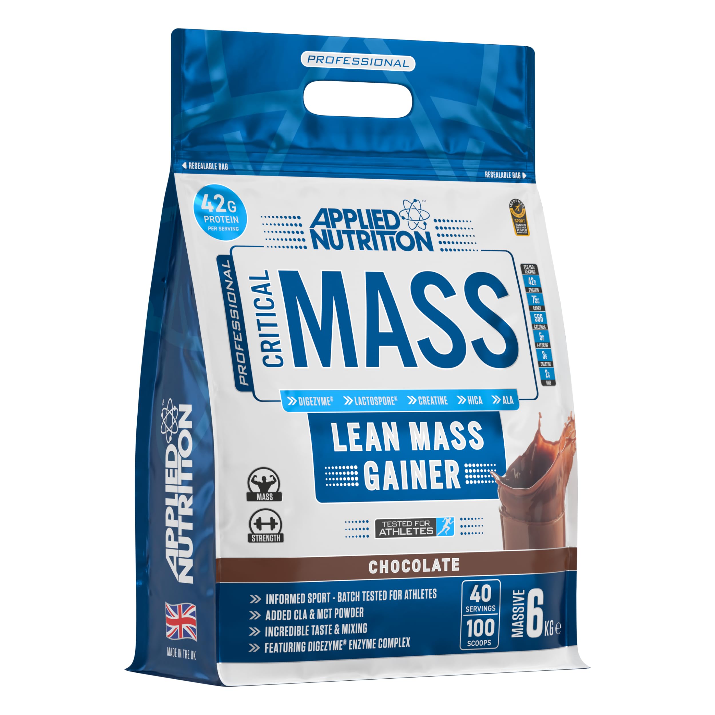 Applied Nutrition Critical Mass Professional Weight Gainer Protein Powder - High Calorie Lean Mass Builder, Chocolate Flavor