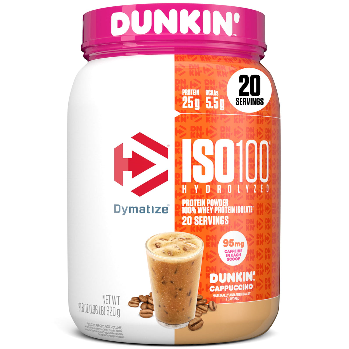 Dymatize ISO100 Hydrolyzed Whey Isolate Protein Powder - Dunkin' Cappuccino - 25g Protein, 95mg Caffeine, 5.5g BCAAs - 21.5 Oz
