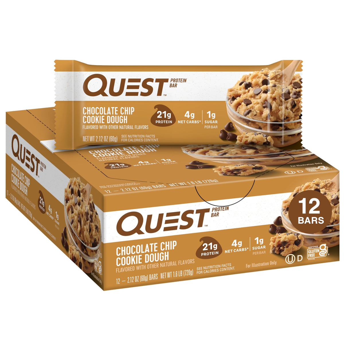 Quest Nutrition Chocolate Chip Cookie Dough Protein Bar, High Protein, Low Carb, Gluten Free, Soy Free, Keto Friendly, 12 Count