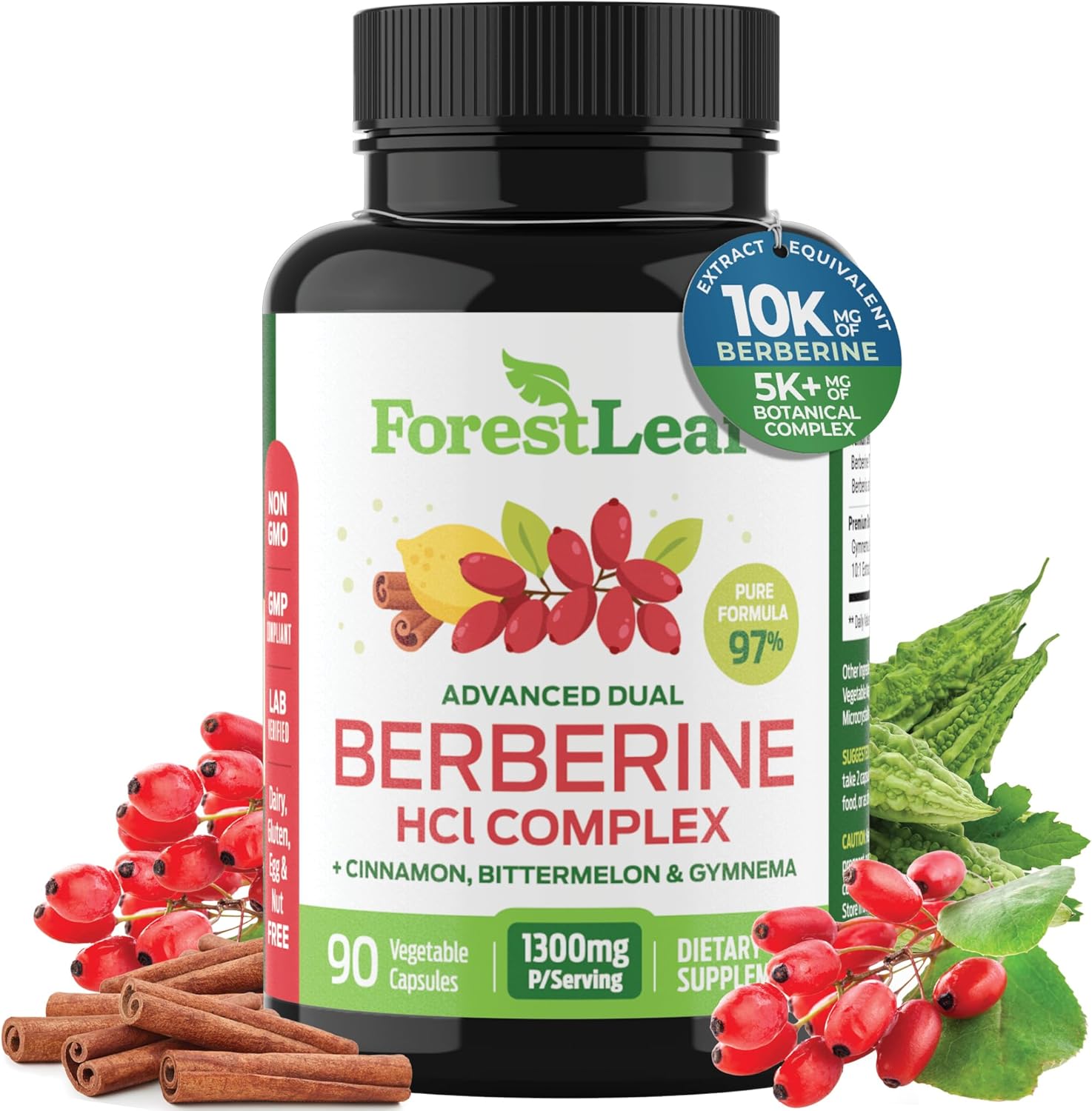 High-potency berberine HCl supplement with ceylon cinnamon and bitter melon for weight management